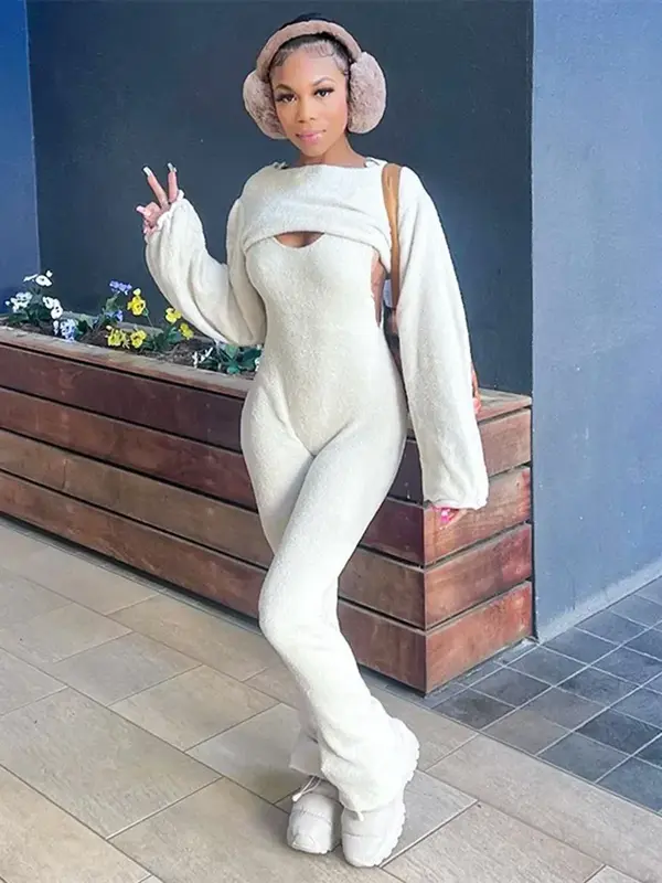Женские Брючные костюмы Holifeni Sibybo из двух предметов, однотонный махровый Топ с длинным рукавом и сексуальный комбинезон с вырезами для осени и зимы