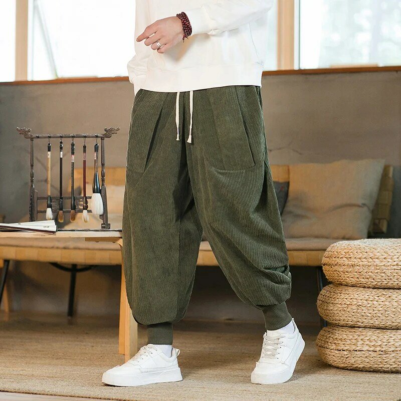 Celana Harem Corduroy pria celana Jogging kaki lebar pria celana olahraga gaya Harajuku pria celana panjang kasual Vintage pakaian jalanan baru