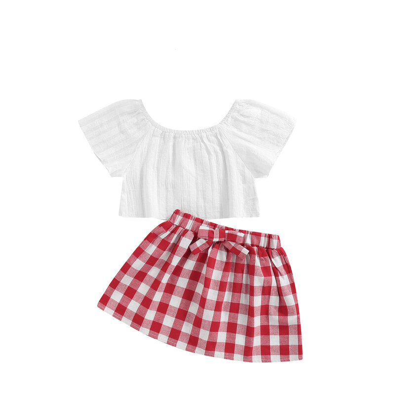 Комплект из 3 предметов Lioraitiin, Одежда для новорожденных девочек 0-24 месяцев, милые летние кружевные топы с открытыми плечами + красное клетчатое короткое платье, повязка на голову, наряд