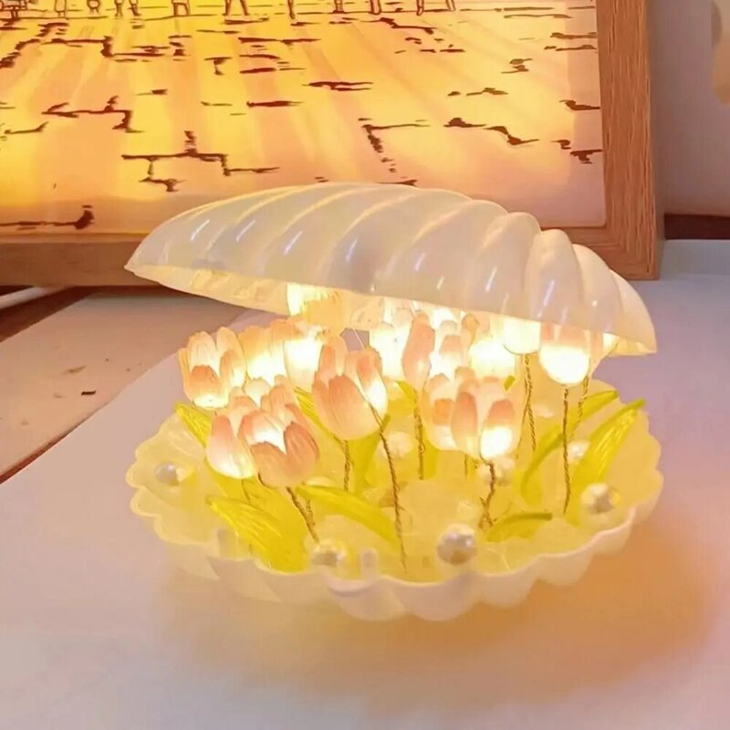 Lámpara de noche de tulipán con forma de flor de simulación, luz de noche de tulipán hecha a mano, concha de cerámica artesanal alimentada por batería, 20 flores