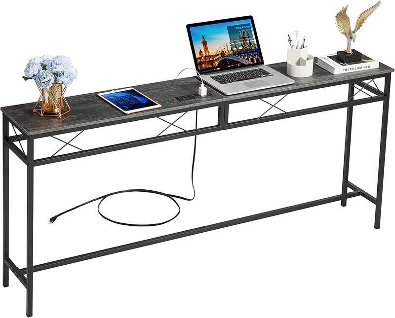 VECELO meja onsole ekstra panjang, Meja onsole sempit dengan stasiun pengisian daya & stopkontak kekuatan dan port USB