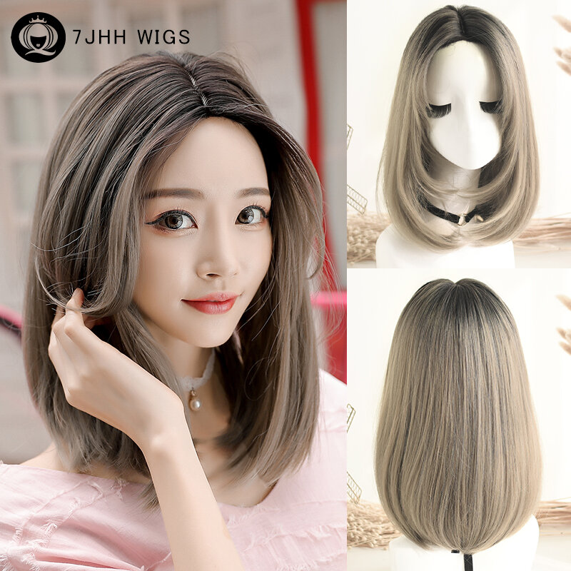 7JHH-peluca corta y recta en capas para mujer, pelo sintético de alta densidad, parte media, color marrón claro, con raíces oscuras