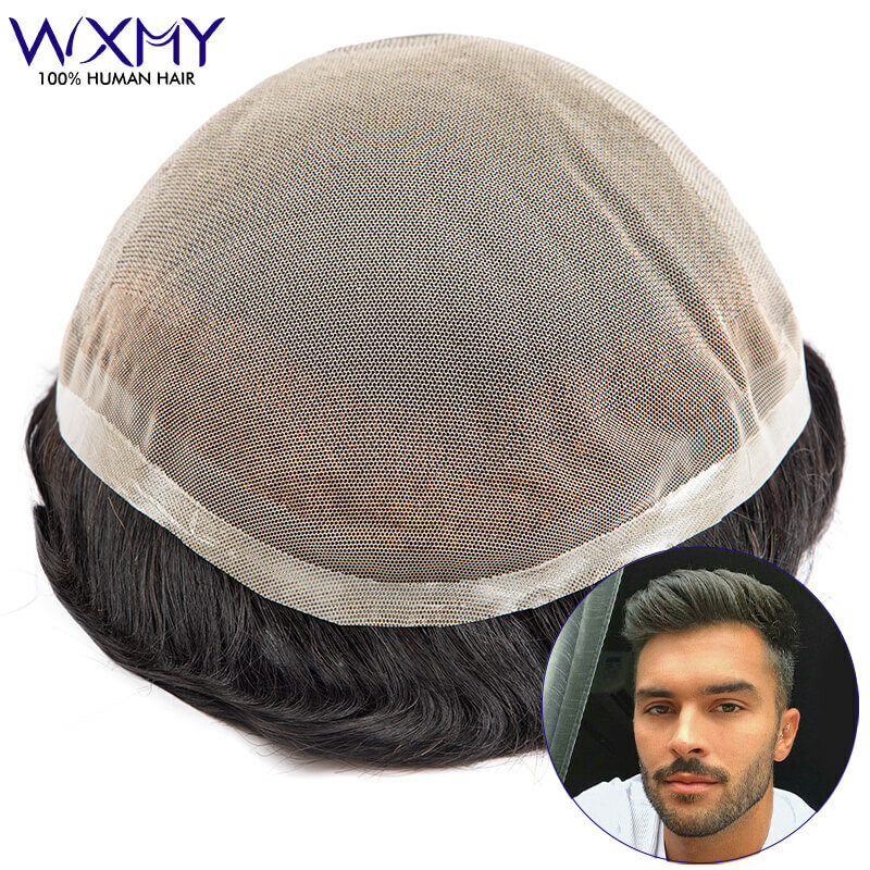 Full Lace Base Men Wig Male Hair Prosthesis Toupee Men Breathable French Lace Natural Human Hair Men's Wig Replacement System