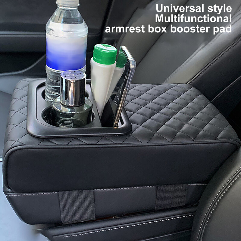 Auto Center Console Armrest Almofada com 2 Suporte de Copo, PU Leather Armrest Pad, Portátil Car Amrest Pillow Cover, Almofada de altura