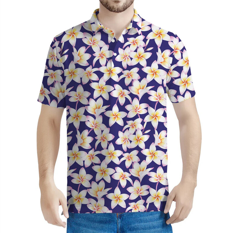 男性用のプリントされた3Dフラワーポロシャツ,半袖トップ,ルーズフィット,ボタン付き,夏用