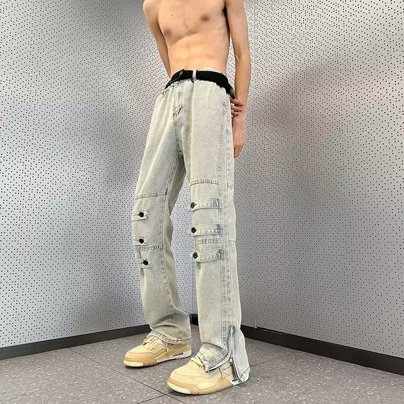 Jeans men's American style pants High street fashion washed straight leg zipper slit micro flare pants