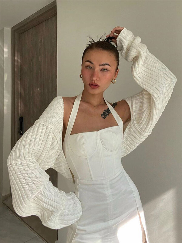Tossy Sweater wanita warna putih potongan atas penuh lengan lentera rajut Pullover seksi musim panas jalanan tinggi pakaian luar 2023 musim semi
