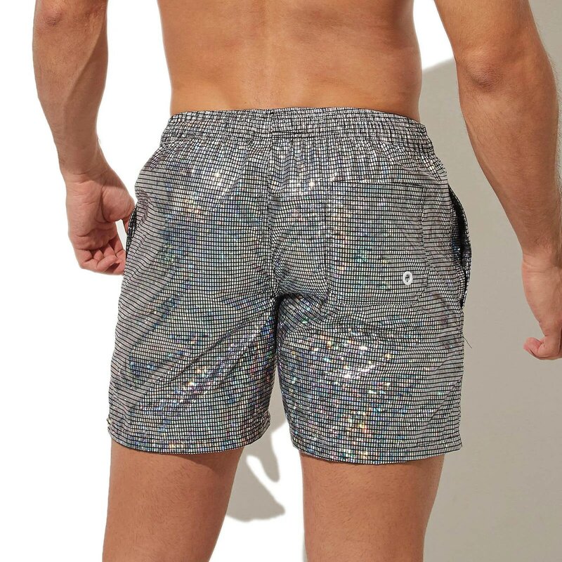 Мужские летние пляжные шорты 150 г, блестящие плавательные боксеры, трусы, однотонные клетчатые плавки из 100% полиэстера