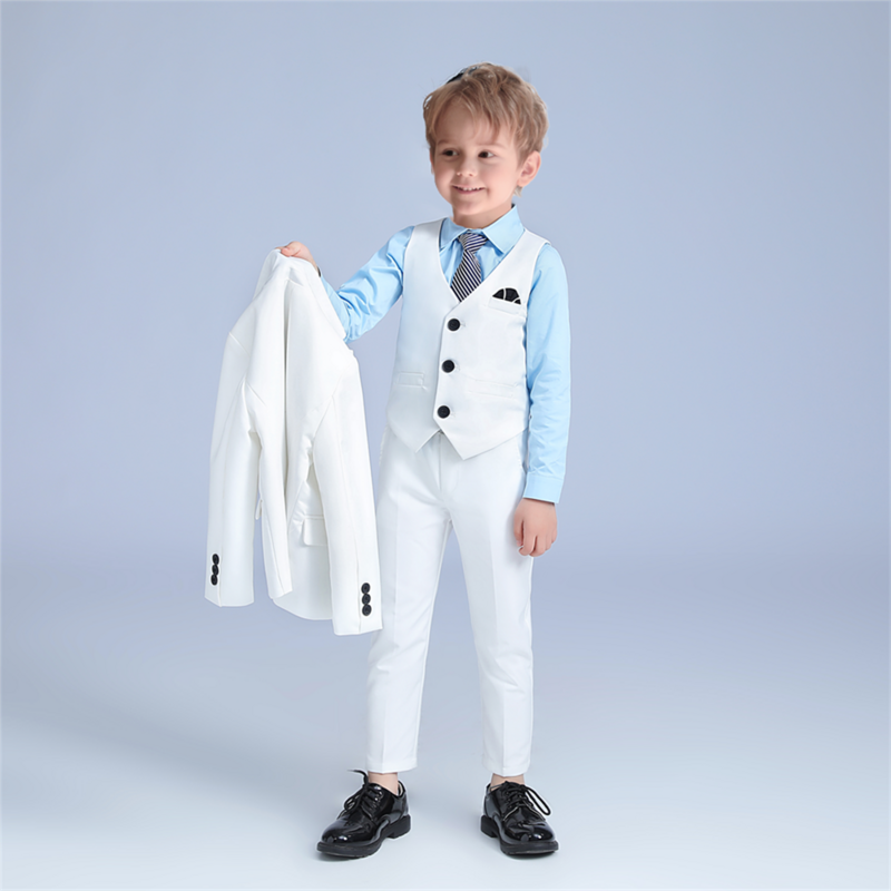 White Stylish Kids Outfit Matching Set 5-Piece Boy's Suit Set For Wedding Party Piano Performance Blazer Pants Vest Tie Brooch
