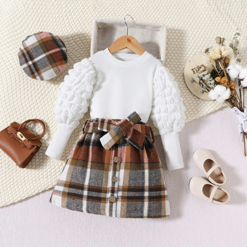 Осенний комплект детской одежды для девочек, трикотажный топ с длинным рукавом и круглым вырезом + клетчатая юбка с поясом и беретом, модная детская одежда