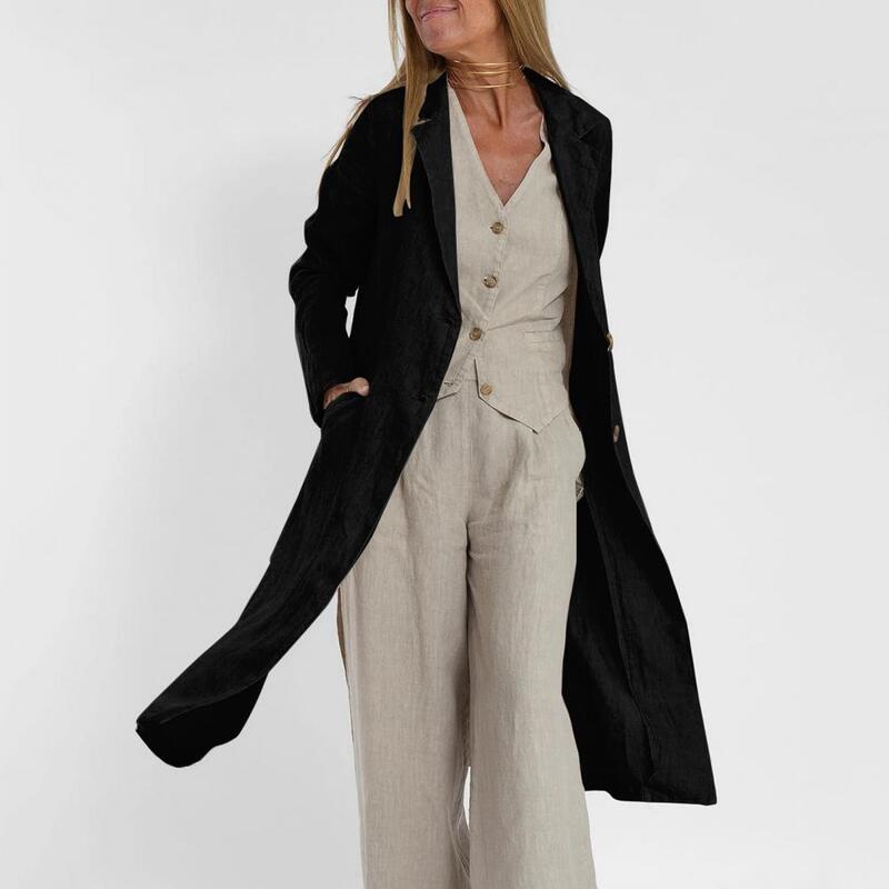 여성용 중간 길이 라펠 스플릿 밑단 가디건, 긴팔, 단색, 더블 버튼, 루즈하고 얇은, 부드러운 캐주얼 롱 재킷, 트렌치 코트