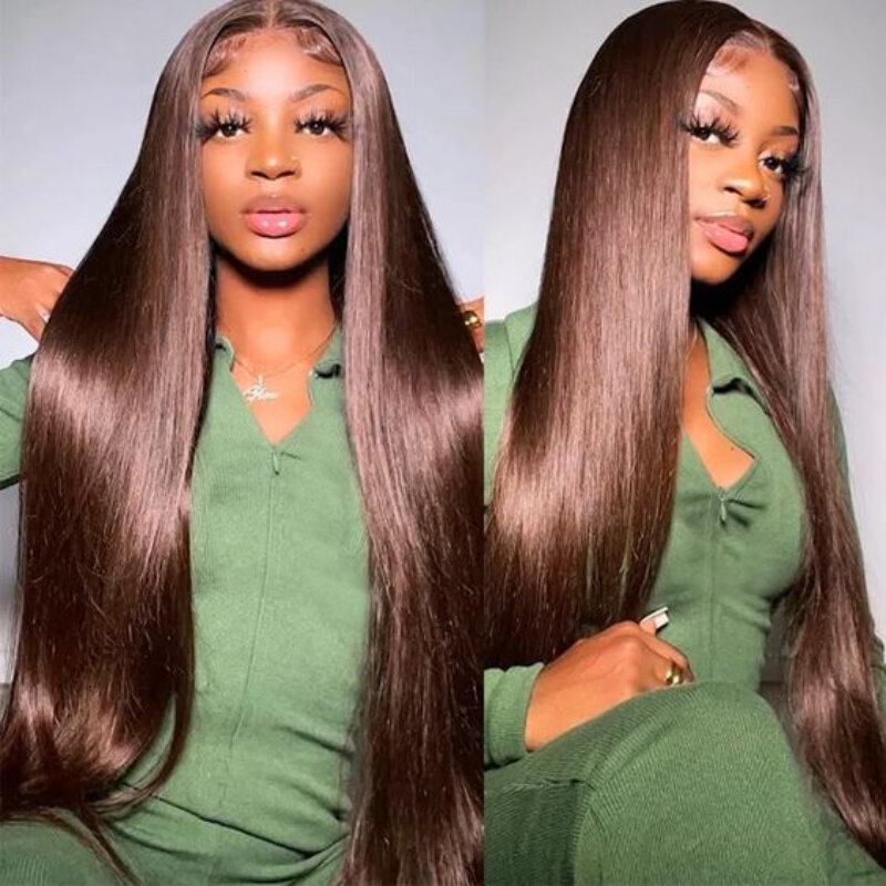 Side Deep Brown Synthetic Human Hair Long Straight Hair Highlight Wig Frontal Lace Wig Fashion Natural Realistic Female