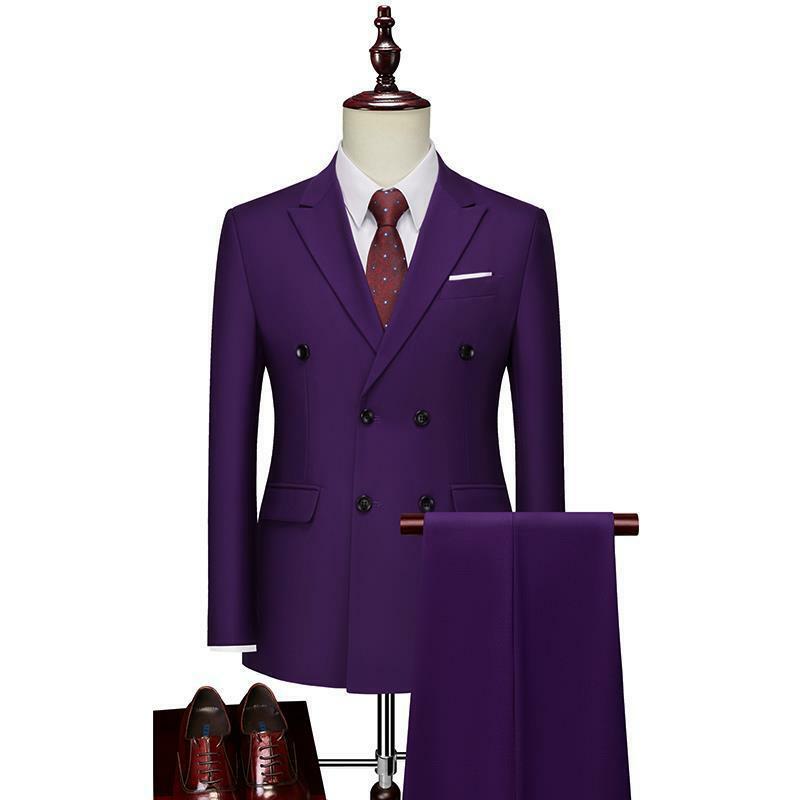 Setelan bisnis pria, 2 buah kasual Set warna Solid kancing dua baris cocok untuk pernikahan perjamuan Set jaket dengan celana
