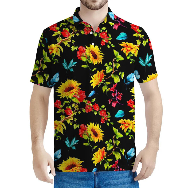 Vintage 3D Printed Sunflower Polo Shirt For Men Flower Graphic Short Sleeves Streetwear Lapel T-shirt Women Summer Button Tees