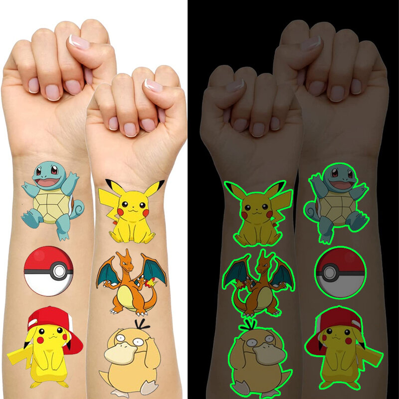 Stiker tato Pokemon Pikachu, stiker tato menyala dalam gelap, tato sementara anak laki-laki perempuan, kartun, hadiah ulang tahun