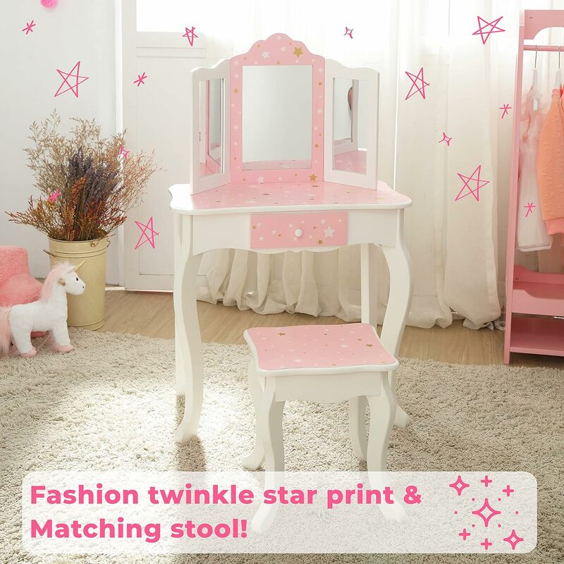Kids Pretend Play Kids Vanity, Table & Chair Vanity Set with Mirror, Girls Makeup Dressing Table with Storage Drawer
