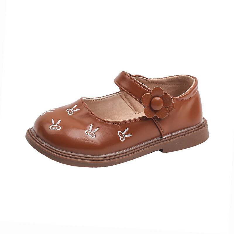 Sapatos de couro estilo coreano para crianças, flores de gancho e laço, sapatos bonitos bordados, dedo do pé redondo, moda infantil, apartamento raso, 2023