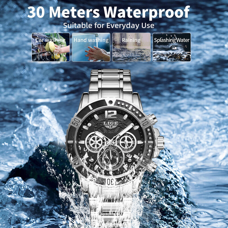 Часы наручные LIGE Мужские кварцевые, модные роскошные оригинальные спортивные водонепроницаемые полностью стальные, в стиле милитари