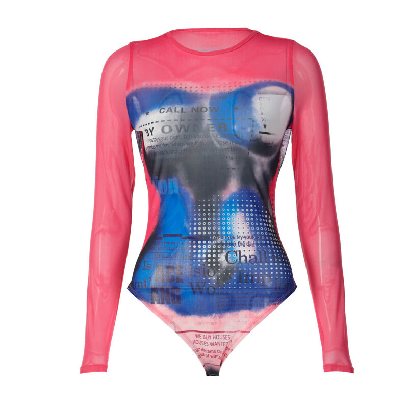 2022 siateczkowy dekolt z długim rękawem z litera graficzna nadrukiem przez Sexy Bodycon Playsuit Fall Women Festival ubrania imprezowe