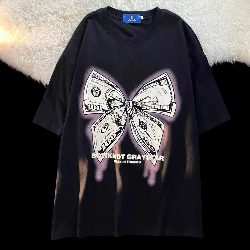 New Personalized Retro Unique Design Bow Short Sleeve T-shirt Men's Summer INS Small Sweet Cool Women's Top y2k