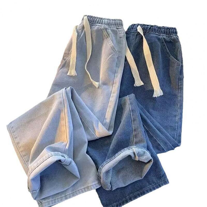 Брюки мужские джинсовые с широкими штанинами, свободные прямые штаны из денима с поясом на резинке и кулиской, с карманами