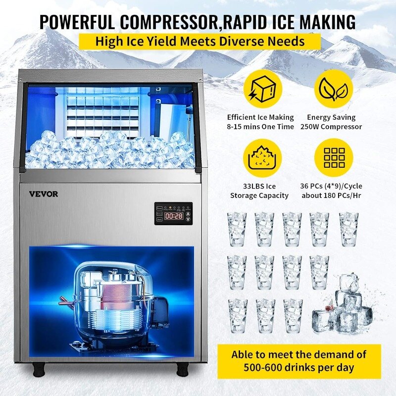Máquina de hielo comercial de acero inoxidable, máquina de hielo comercial, funcionamiento automático, 90-100lbs/24H con cubo de 33lbs