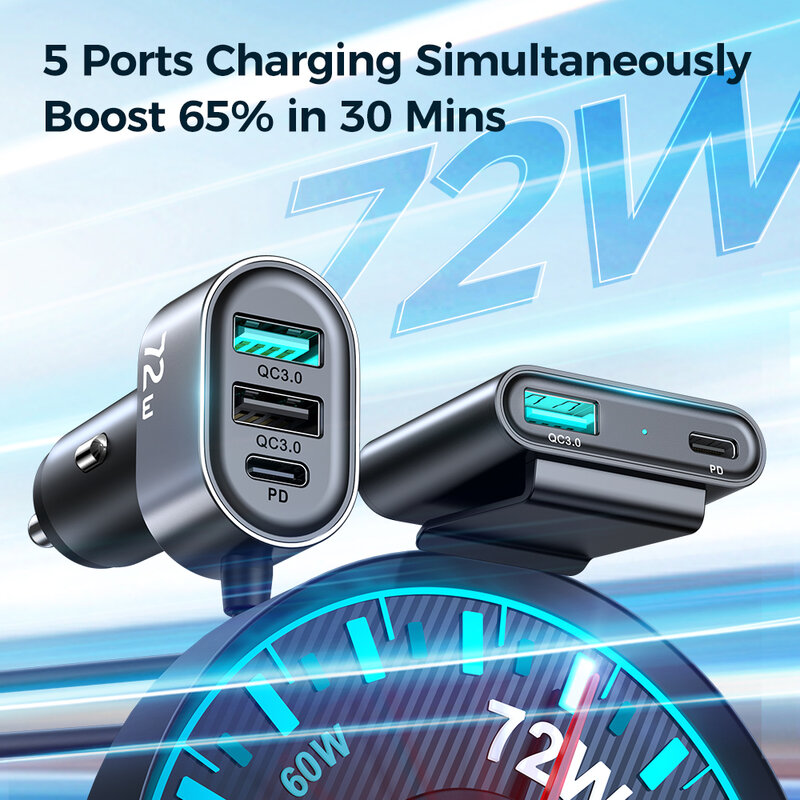 Joyroom 78W 5-in-1 Fast Car Charger LED USB C Fast Car Charger PD 3.0 QC 4.0 3.0 PPS Type C Multi Car Charger Adapter for Car