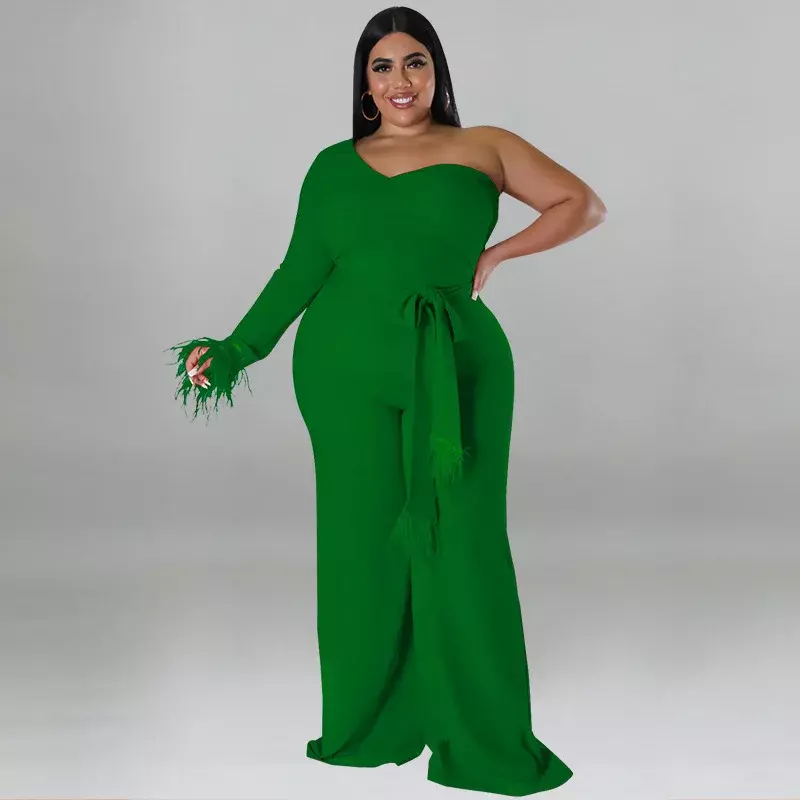 WUHE Vintage Feather Hem One Sleeve Skew Neck with Sashes High Waist Jumpsuit Plus Size Women Curve Female Straight Romper