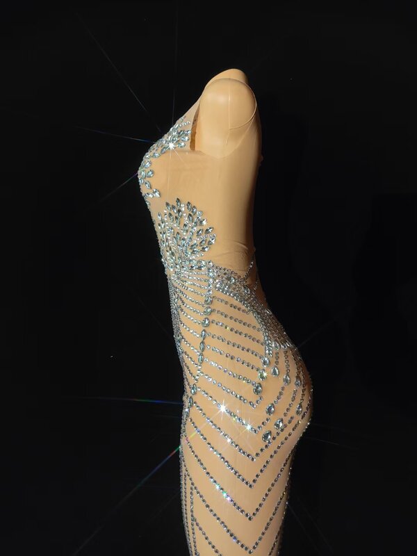 Gemerlapan berlian imitasi mewah wanita elegan gaun pesta ulang tahun Lantai tanpa lengan pesta pernikahan Prom gaun malam seksi