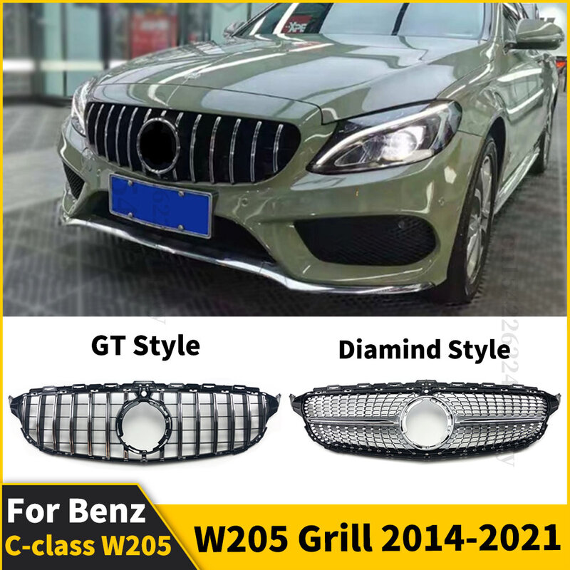 GT Diamond Style For Mercedes Benz C Class W205 Grill 2014 2015 2016 17 2018-2021 C180 C200 C300 W205 Front Bumper Sport Grilles