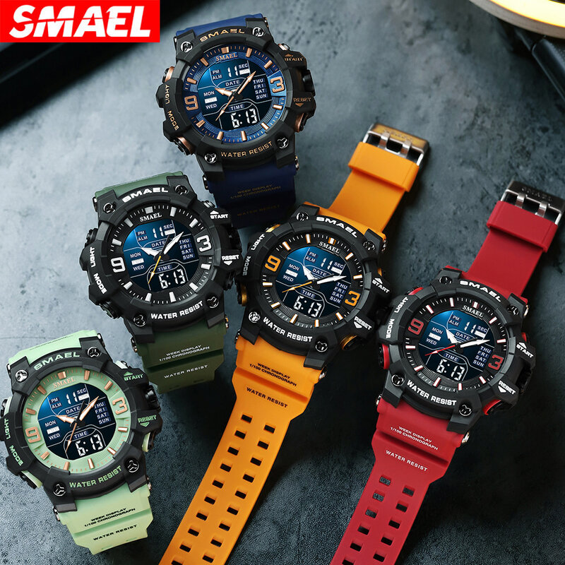 Мужские электронные часы SMAEL, Черные Водонепроницаемые наручные часы с цифровым дисплеем и силиконовым ремешком, 8049