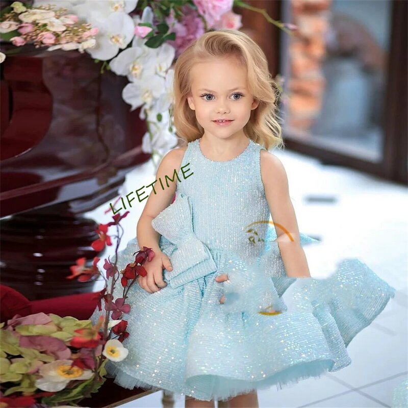 Sky Blue Cute Flower Girl Dresses Summer Tiered Glitte Sleeveless Wedding Party Gowns 2023 Summer New Communion فساتين بنات صغا