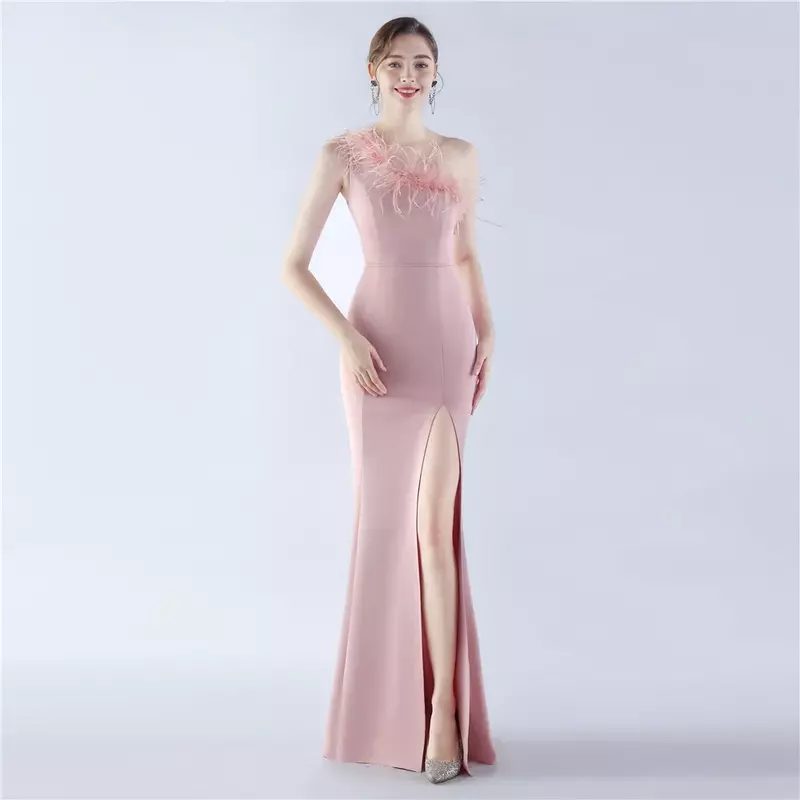 Sladuo Women's Sexy One Shoulder With Feather Party Dresses Bodycon Clothing Celebrity Runway Evening Wedding Dresses Vestidos