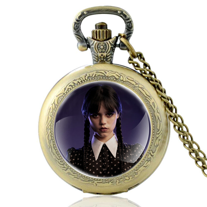 Black Wednesday Addams Glass Cabochon Quartz Pocket Watch Vintage Men Women Pendant Necklace Watches Gifts