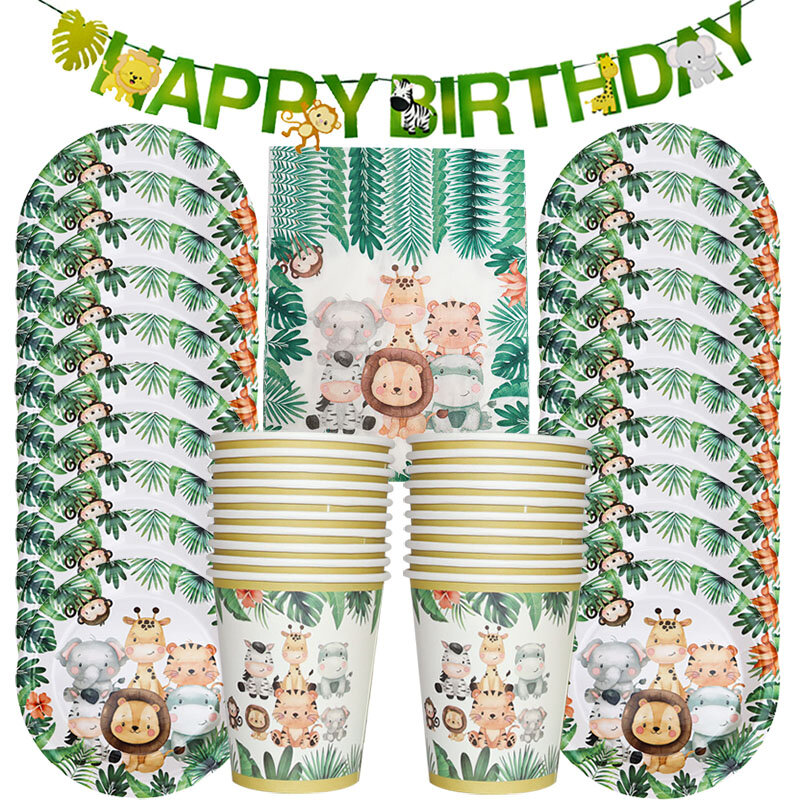 Jungle Birthday Party Decor Animal Palm Leaves Disposable Tableware Set Kids Boy Wild One Forest Safari Birthday Party Supplies