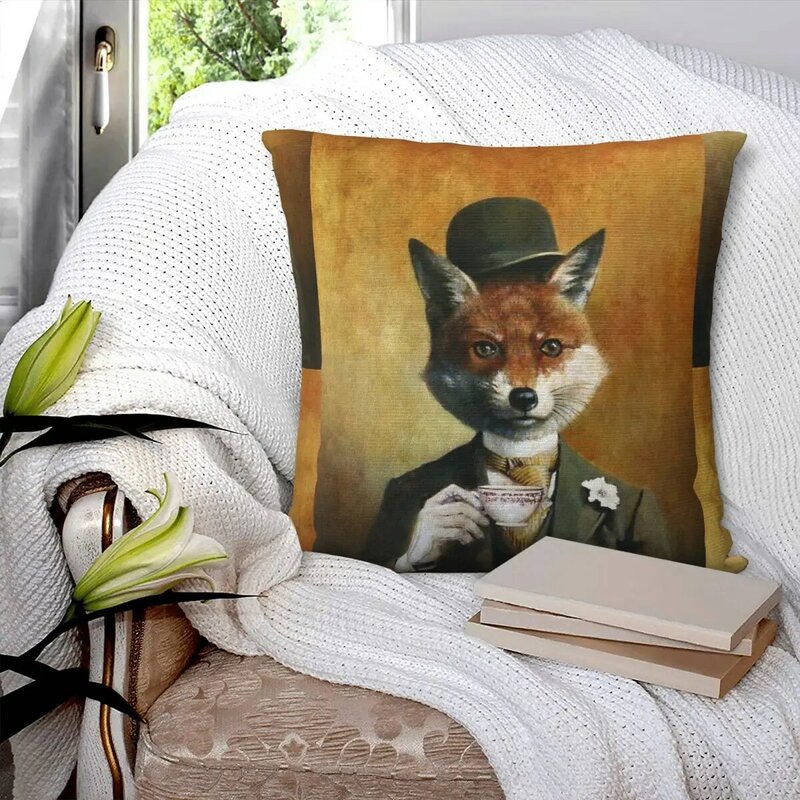 Teatime Mr Fox Square Pillowcase Pillow Cover Polyester Cushion Zip Decorative Comfort Throw Pillow for Home Bedroom