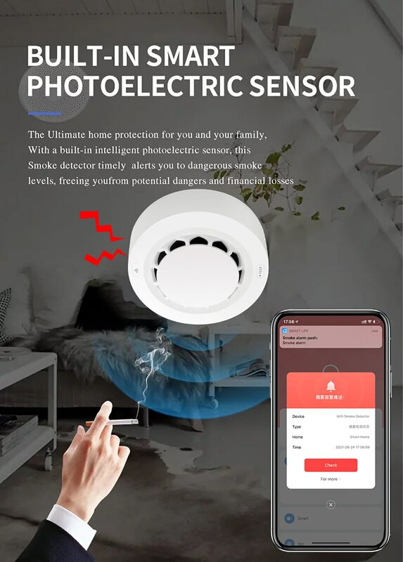 TY013 Smart Home Security Alarms Tuya App Connected WiFi Smoke Alarm Detector