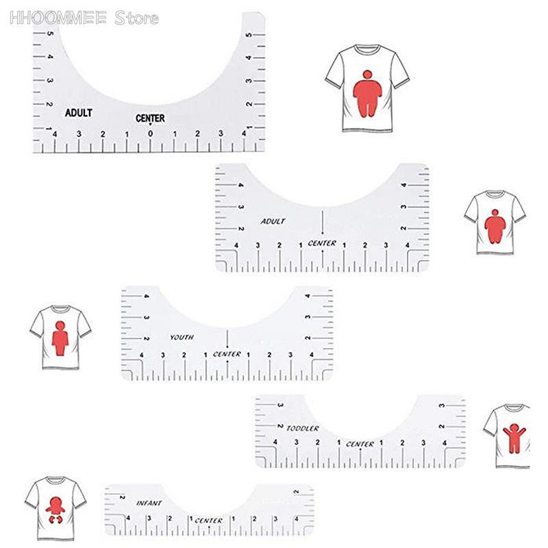 T-Shirt Alinhamento Régua para Orientação, Régua Medição com tamanho gráfico, DIY Desenho Template, Ferramenta Craft, Elaboração, 5pcs por conjunto