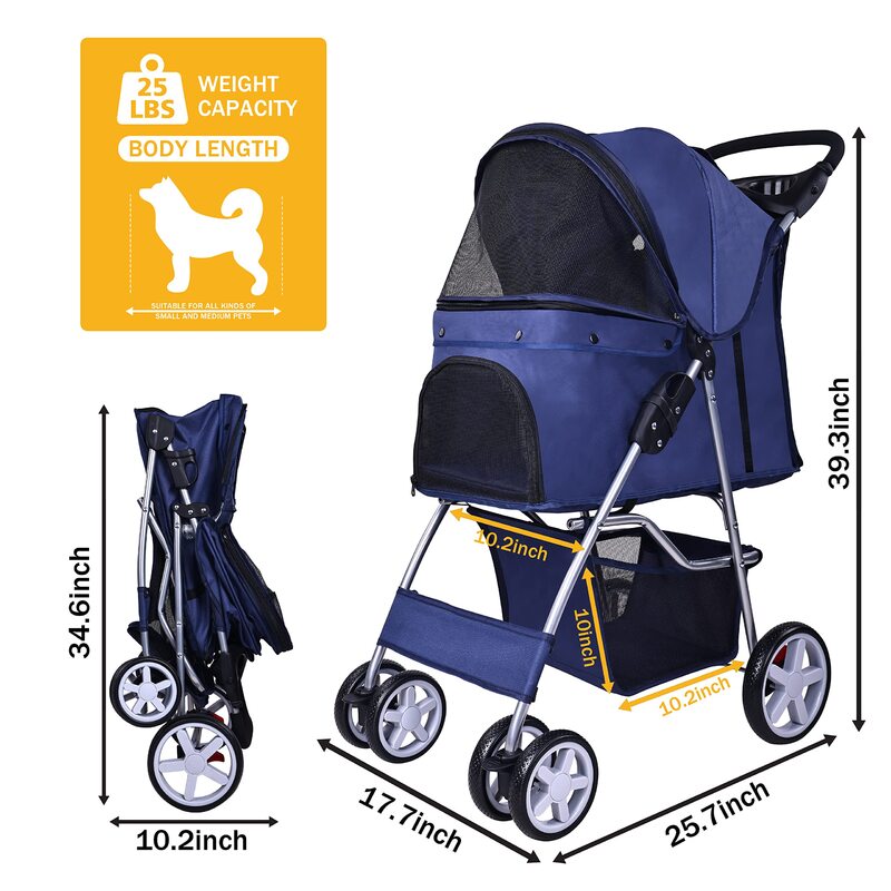 Cochecito plegable portátil azul para mascotas, cochecito de 4 ruedas para perros y gatos con portador desmontable
