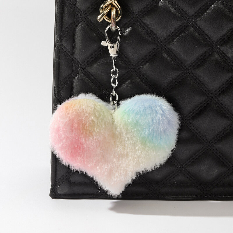 Plush Pompoms Keychain Rainbow Love Heart Butterfly Cat Star Fur Ball Bag Pendant Girl Backpack Charm Car Hanging Accessories