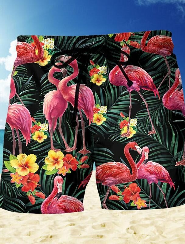Pantalones cortos de tabla para hombre, bañadores con estampado 3D de flamenco divertido, hojas tropicales, elásticos con cordón, estilo Aloha
