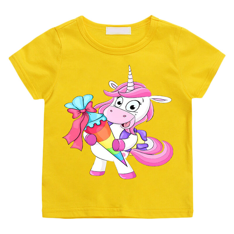 Camiseta con estampado de unicornio para niña, Blusa de manga corta con estampado de dibujos animados, moda de verano para jóvenes, Tops de alta calidad, 2024