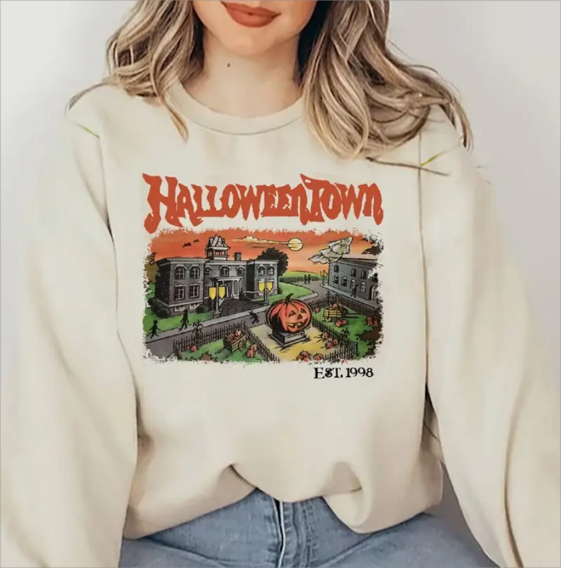 Pulôver feminino estampado em cidade de Halloween, moletom de manga comprida, gola redonda, roupa casual, outono, inverno