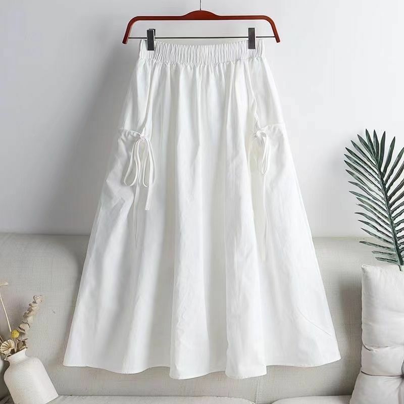 Summer New All-match Pleated Drawstring Skirts Elastic Waist Lacing Loose Pockets A-line Skirt Casual Fashion Women Clothing