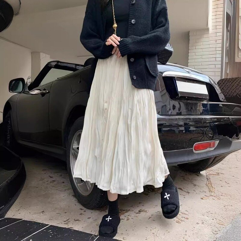 Skirts Women Mid-length Solid Folds Design Korean Style Casual Streetwear All-match Classic Prevalent Spring Female Clothing