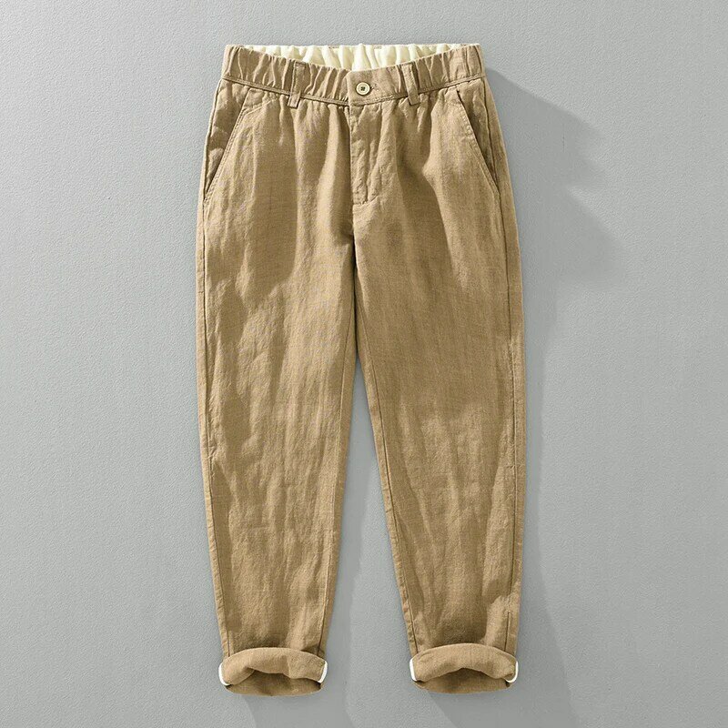 2024 wiosenne nowe 100% lniane spodnie haremowe męskie jednolity kolor w stylu Casual, cienka oddychające spodnie