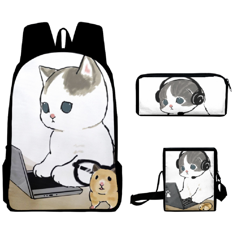 Mochila escolar con estampado 3D de gato de trabajo, bolso de hombro inclinado para ordenador portátil, estuche para lápices, moda Popular, 3 unidades por juego