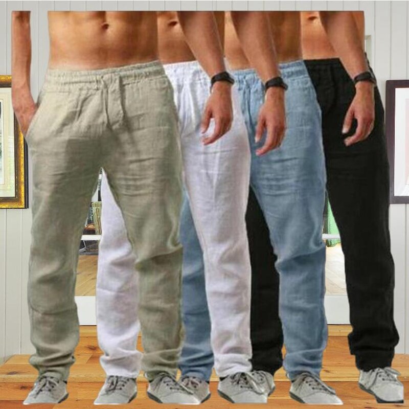 Pantalon en coton et lin pour homme, streetwear, uni, respirant, confortable, décontracté, printemps, été