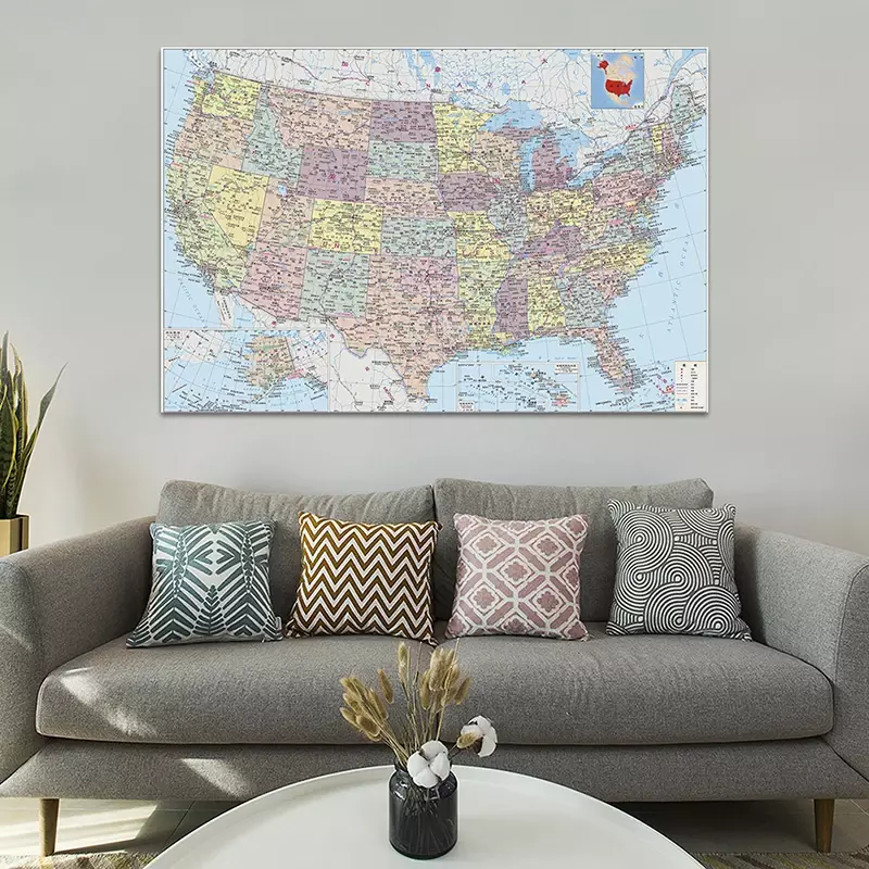 Póster de Arte de pared para decoración del hogar, suministros escolares para niños, mapa de América con detalles, idioma chino, 150x100cm