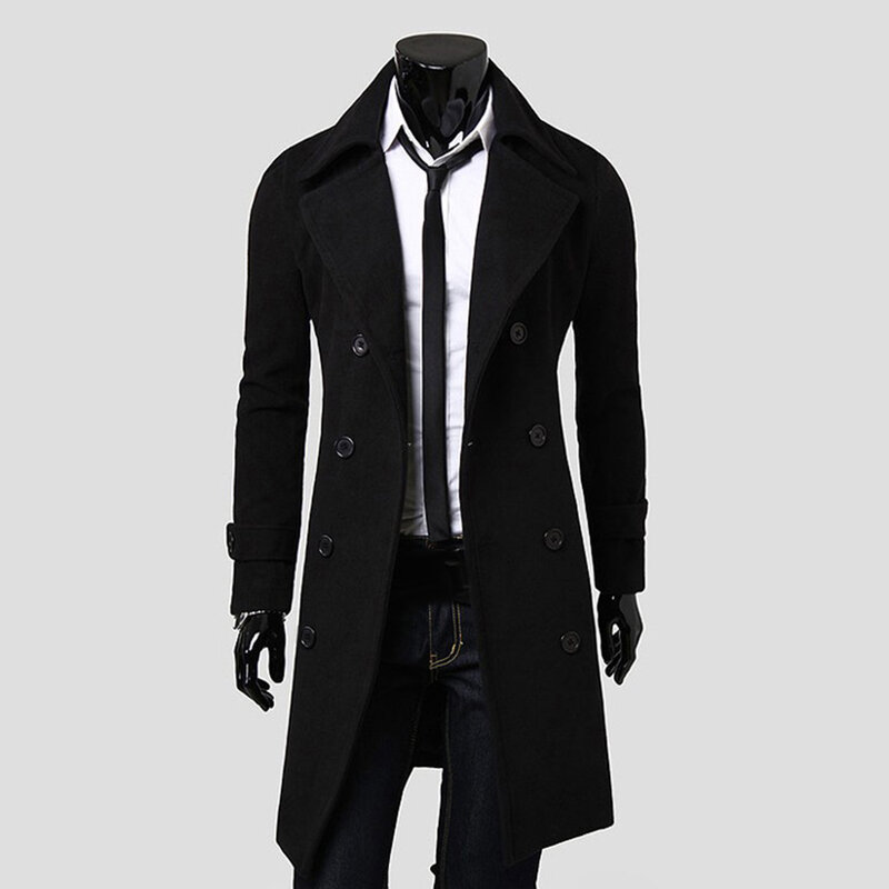 Fashionable Men's Casual Winter Coat Lapel Button Overcoat Windbreaker Warm Slim Fit Wool Blend (80 characters)